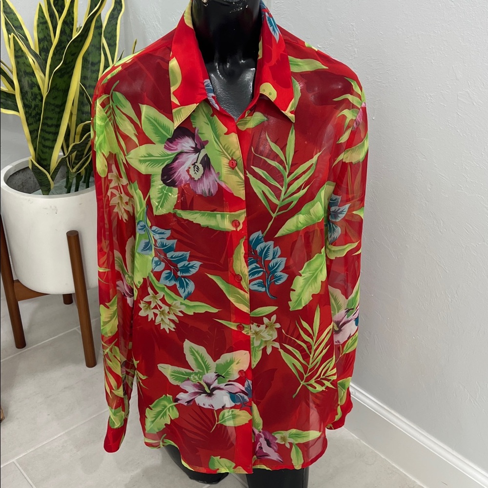 Floral Sheer Red Blouse Woman’s Medium Long Sleeve